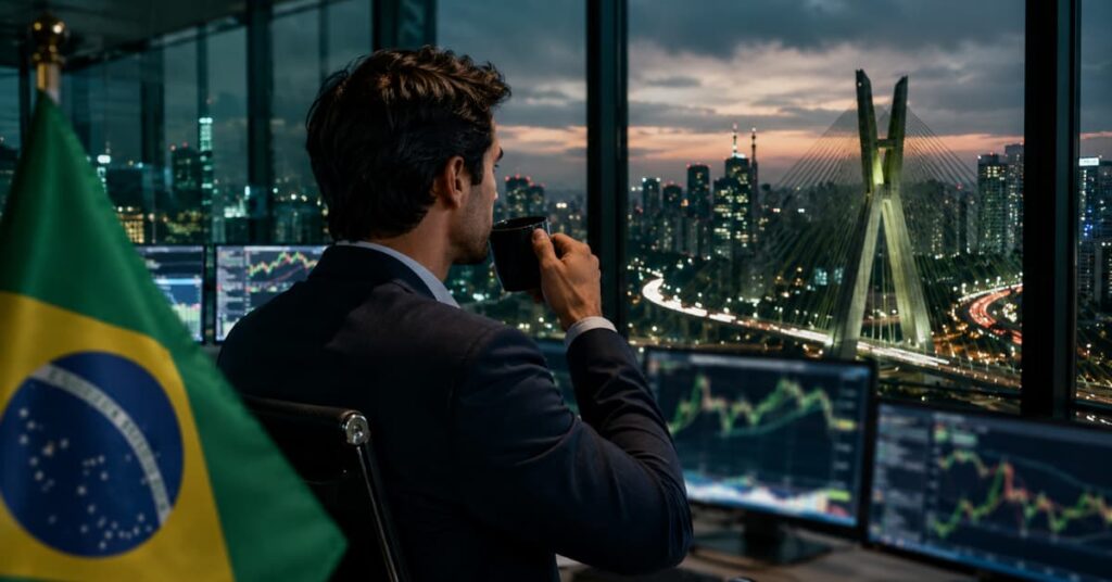 Analista financiero observa el mercado brasileño desde una oficina en São Paulo mientras el real mantiene fortaleza gracias a la cautela del Banco Central de Brasil y las altas tasas de interés en