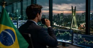 Analista financiero observa el mercado brasileño desde una oficina en São Paulo mientras el real mantiene fortaleza gracias a la cautela del Banco Central de Brasil y las altas tasas de interés en